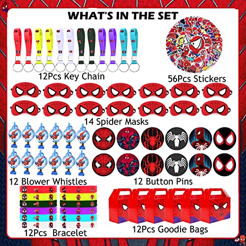 Spiderman Birthday Party Favors Supplies,130 Pcs,Include Button Pins, Key Chain, Bracelet, Spider Masks, Goodie Bags, Blower Whistles, Stickers for Classroom Rewards Hero Carnival Prizes Decorations