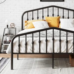 imusee platform queen size metal bed frame with vintage headboard and footboard, heavy duty bed frame with large storage, no box spring needed, easy assembly, black