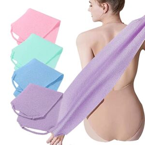 4 pack exfoliating body scrubber with handles, nylon exfoliating cloth extended length back scrubber stretchable pull strap shower back scrubber for shower for women&men(4 pack-green+blue+purple+pink)