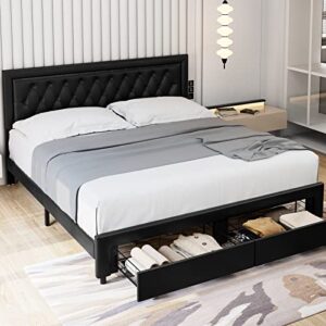 queen bed frame with 2 storage drawers, leather upholstered platform bed frame with button tufted headboard, wooden slats and adjustable headboard mattress foundation, no box spring needed, black