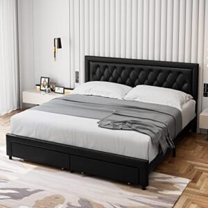 Queen Bed Frame with 2 Storage Drawers, Leather Upholstered Platform Bed Frame with Button Tufted Headboard, Wooden Slats and Adjustable Headboard Mattress Foundation, No Box Spring Needed, Black