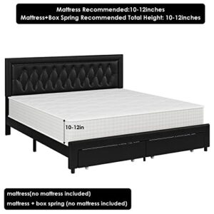 Queen Bed Frame with 2 Storage Drawers, Leather Upholstered Platform Bed Frame with Button Tufted Headboard, Wooden Slats and Adjustable Headboard Mattress Foundation, No Box Spring Needed, Black