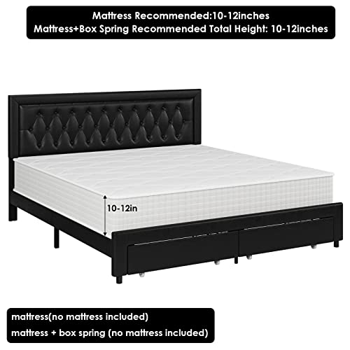 Queen Bed Frame with 2 Storage Drawers, Leather Upholstered Platform Bed Frame with Button Tufted Headboard, Wooden Slats and Adjustable Headboard Mattress Foundation, No Box Spring Needed, Black