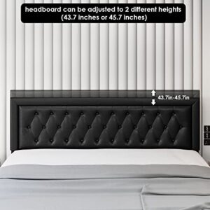 Queen Bed Frame with 2 Storage Drawers, Leather Upholstered Platform Bed Frame with Button Tufted Headboard, Wooden Slats and Adjustable Headboard Mattress Foundation, No Box Spring Needed, Black