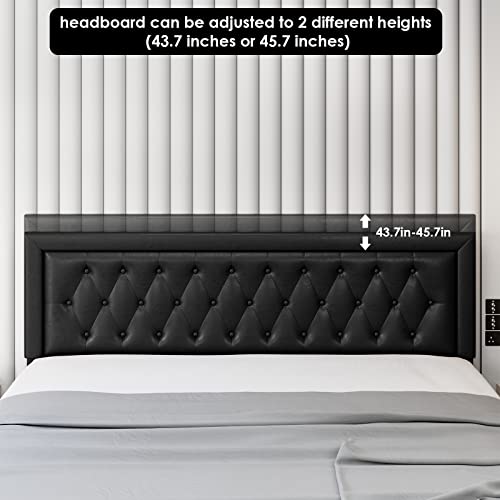 Queen Bed Frame with 2 Storage Drawers, Leather Upholstered Platform Bed Frame with Button Tufted Headboard, Wooden Slats and Adjustable Headboard Mattress Foundation, No Box Spring Needed, Black