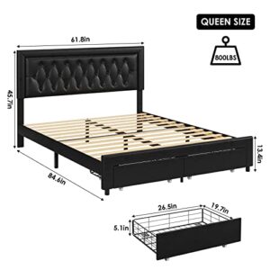 Queen Bed Frame with 2 Storage Drawers, Leather Upholstered Platform Bed Frame with Button Tufted Headboard, Wooden Slats and Adjustable Headboard Mattress Foundation, No Box Spring Needed, Black