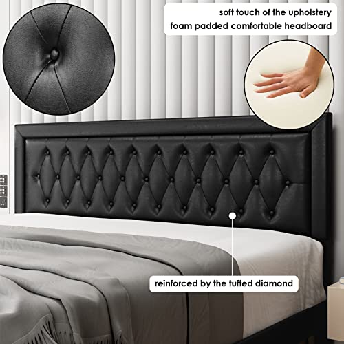 Queen Bed Frame with 2 Storage Drawers, Leather Upholstered Platform Bed Frame with Button Tufted Headboard, Wooden Slats and Adjustable Headboard Mattress Foundation, No Box Spring Needed, Black