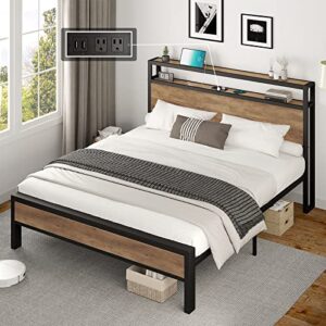 amerlife queen size bed frame industrial platform bed with charging station, 2-tier storage headboard/no box spring needed/noise-free/rustic brown