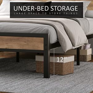 AMERLIFE Queen Size Bed Frame Industrial Platform Bed with Charging Station, 2-Tier Storage Headboard/No Box Spring Needed/Noise-Free/Rustic Brown