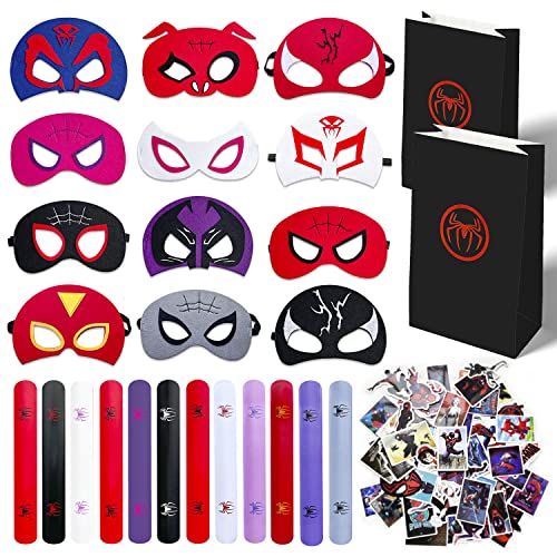 88Pcs Miles Morales Spider-man Birthday Party Favor Supplies - Spiderman and his best friends Masks&Slap Bracelets Candy Bags&Stickers Gifts for Kids Birthday Spider man Themed Party Favors Birthday Decorations