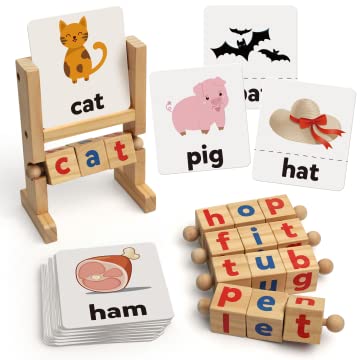 Coogam Wooden Reading Blocks Short Vowel Rods Spelling Games, Flash Cards Turning Rotating Letter Puzzle for Kids, Sight Words Montessori Spinning Alphabet Learning Toy for Preschool Boys Girls