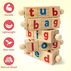 Coogam Wooden Reading Blocks Short Vowel Rods Spelling Games, Flash Cards Turning Rotating Letter Puzzle for Kids, Sight Words Montessori Spinning Alphabet Learning Toy for Preschool Boys Girls