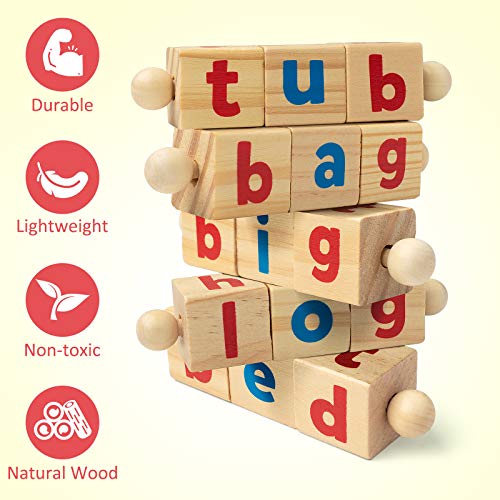 Coogam Wooden Reading Blocks Short Vowel Rods Spelling Games, Flash Cards Turning Rotating Letter Puzzle for Kids, Sight Words Montessori Spinning Alphabet Learning Toy for Preschool Boys Girls