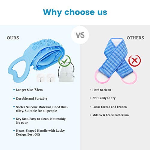 Silicone Back Scrubber for Shower, YUSERBO Silicone Bath Body Brushes, Heart-Shaped Handle and Lucky Four Leaf Clover Double Side Brush, Exfoliating Body Scrubber, Deep Clean and Relax Body Blue