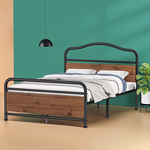 Totnz Queen Size Metal Platform Bed Frame Mattress Foundation with Sturdy Wood Headboard and Footboard No Box Spring Needed Under Bed Storage Steel Slats,Black