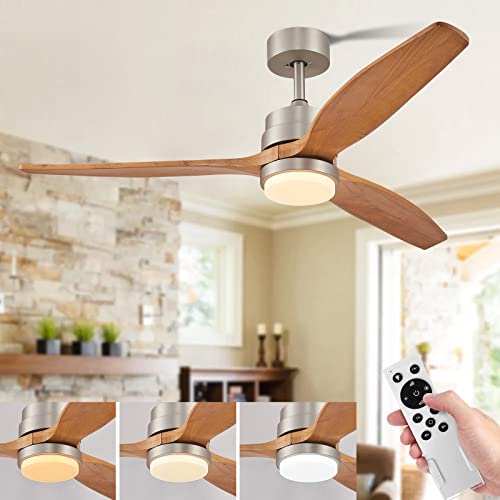 52" Ceiling Fan with Lights Remote Control, Wood Ceiling Fan with 3 Blade & 4 Down Rods Outdoor Ceiling Fan with Remote, Dimmable LED Light, Noiseless Reversible DC for Patio Living Room, Summer House