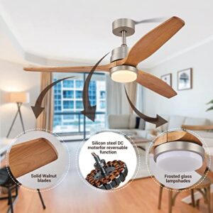 52" Ceiling Fan with Lights Remote Control, Wood Ceiling Fan with 3 Blade & 4 Down Rods Outdoor Ceiling Fan with Remote, Dimmable LED Light, Noiseless Reversible DC for Patio Living Room, Summer House