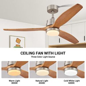 52" Ceiling Fan with Lights Remote Control, Wood Ceiling Fan with 3 Blade & 4 Down Rods Outdoor Ceiling Fan with Remote, Dimmable LED Light, Noiseless Reversible DC for Patio Living Room, Summer House