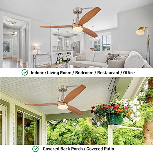 52" Ceiling Fan with Lights Remote Control, Wood Ceiling Fan with 3 Blade & 4 Down Rods Outdoor Ceiling Fan with Remote, Dimmable LED Light, Noiseless Reversible DC for Patio Living Room, Summer House