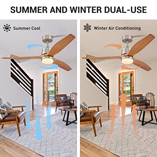 52" Ceiling Fan with Lights Remote Control, Wood Ceiling Fan with 3 Blade & 4 Down Rods Outdoor Ceiling Fan with Remote, Dimmable LED Light, Noiseless Reversible DC for Patio Living Room, Summer House