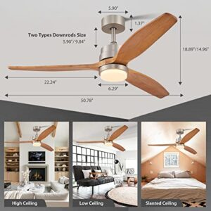 52" Ceiling Fan with Lights Remote Control, Wood Ceiling Fan with 3 Blade & 4 Down Rods Outdoor Ceiling Fan with Remote, Dimmable LED Light, Noiseless Reversible DC for Patio Living Room, Summer House