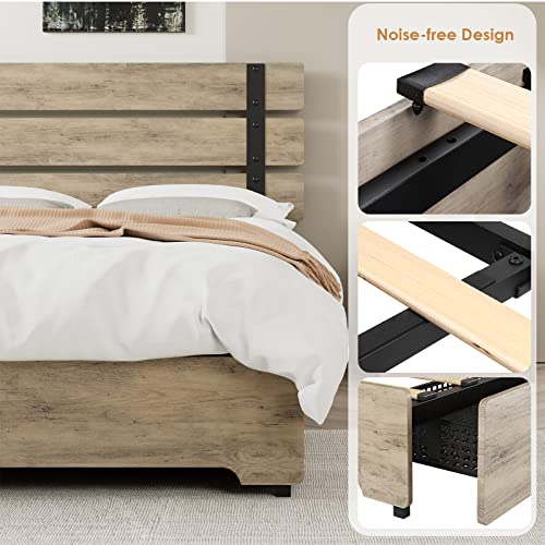 Queen Size Bed Frame with 4 Storage Drawers Modern Industrial Headboard and Footboard, Metal Platform Bed Frame 12 Wood Slats Strong Mattress Foundation No Box Spring Needed Noise-Free, Grayish Brown