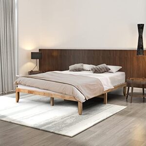 wonline Wood Platform Bed Frame Solid Wood Foundation No Box Spring Needed Wooden Slat Support Oak Wood Natural Finish Home Bedroom Furniture Platform Base