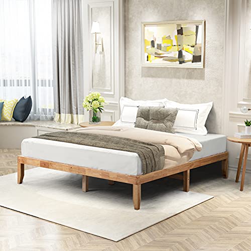 wonline Wood Platform Bed Frame Solid Wood Foundation No Box Spring Needed Wooden Slat Support Oak Wood Natural Finish Home Bedroom Furniture Platform Base