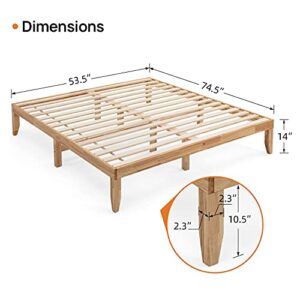 wonline Wood Platform Bed Frame Solid Wood Foundation No Box Spring Needed Wooden Slat Support Oak Wood Natural Finish Home Bedroom Furniture Platform Base