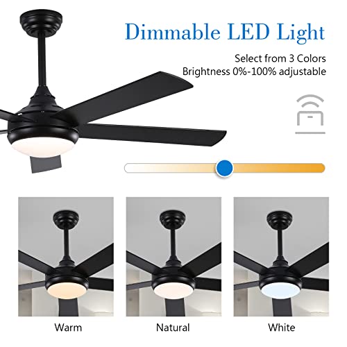VACILL Low Profile Ceiling Fan with Light Black 52 inch,6 Speed Levels,LED Dimmable,for Farmhouse/Bedroom/Living Room