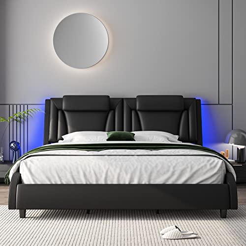 Keyluv Modern Upholstered Bed Frame with Adjustable LED Headboard, Pu Leather Platform Bed with Wave-Like Curve Design and Solid Wooden Slats Support, No Box Spring Needed, Noise Free, Queen, Black