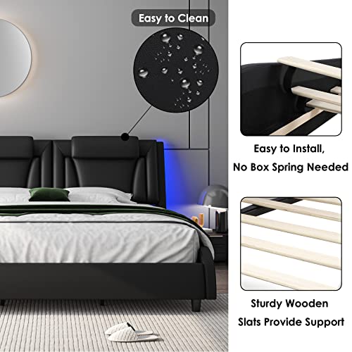 Keyluv Modern Upholstered Bed Frame with Adjustable LED Headboard, Pu Leather Platform Bed with Wave-Like Curve Design and Solid Wooden Slats Support, No Box Spring Needed, Noise Free, Queen, Black