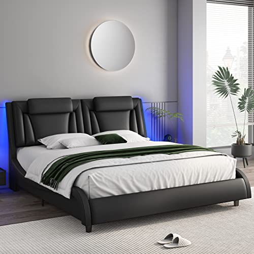 Keyluv Modern Upholstered Bed Frame with Adjustable LED Headboard, Pu Leather Platform Bed with Wave-Like Curve Design and Solid Wooden Slats Support, No Box Spring Needed, Noise Free, Queen, Black