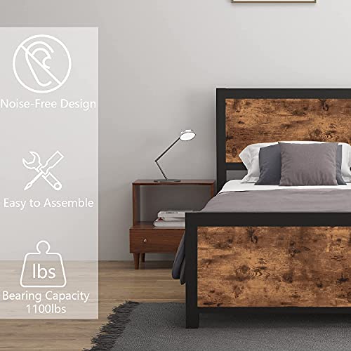 Full Size Bed Frames with Headboard Full Platform Bed Frame Rustic Wood Platform Metal Bed Frame Full Size Bed Frames with Storage No Box Spring Needed Heavy Duty Slat Support (Vintage Brown, Full)