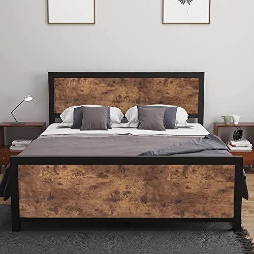 Full Size Bed Frames with Headboard Full Platform Bed Frame Rustic Wood Platform Metal Bed Frame Full Size Bed Frames with Storage No Box Spring Needed Heavy Duty Slat Support (Vintage Brown, Full)