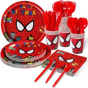 175pcs spider birthday party supplies spider paper plates and napkins set disposable dinner tableware plates napkins cups knives spoons forks for spider kids birthday party decorations serve 25