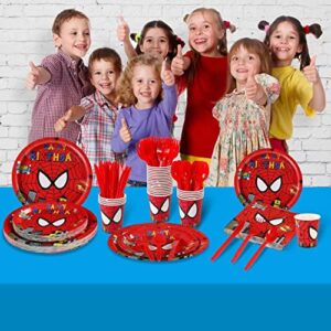 175Pcs Spider Birthday Party Supplies Spider Paper Plates and Napkins Set Disposable Dinner Tableware Plates Napkins Cups Knives Spoons Forks for Spider Kids Birthday Party Decorations Serve 25