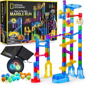 national geographic glowing marble run – 80 piece construction set with 15 glow in the dark glass marbles & mesh storage bag, educational stem toy, an amazon exclusive science kit
