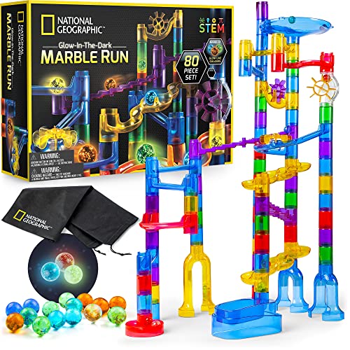 NATIONAL GEOGRAPHIC Glowing Marble Run – 80 Piece Construction Set with 15 Glow in the Dark Glass Marbles & Mesh Storage Bag, Educational STEM Toy, an AMAZON EXCLUSIVE Science Kit