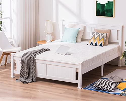 Bonnlo Queen Platform Bed Frame with Headboard, Wood Bed Frame, No Box Spring Needed, White