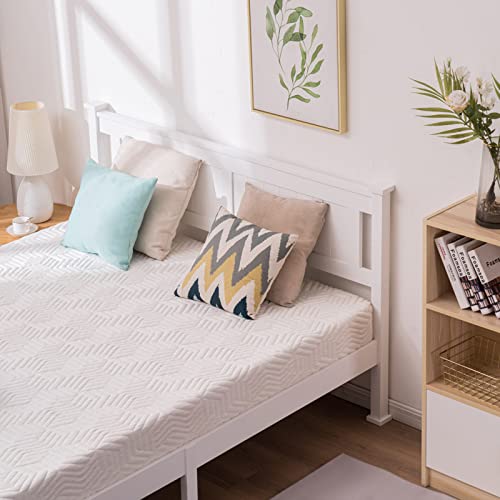 Bonnlo Queen Platform Bed Frame with Headboard, Wood Bed Frame, No Box Spring Needed, White