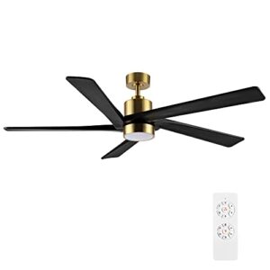 wingbo 54 inch dc ceiling fan with lights and remote control, 5 reversible carved wood blades, 6-speed noiseless dc motor, modern ceiling fan in brass finish with black blades, etl listed
