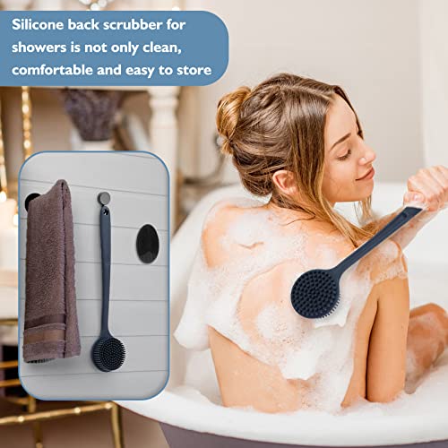 SAMEBUTECO Silicone Bath Brush Body Back Scrubber for Shower & Face Scrubber Set Bath Body Brush with Stainless Steel Inner, Long Handle 11.5 ‘’,Adhesive Free Hook,BPA-Free (3 in 1)