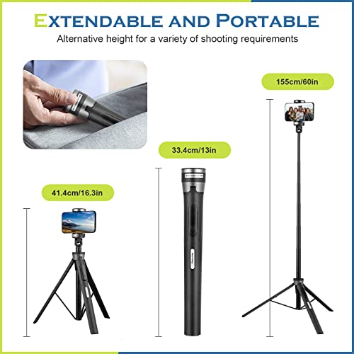 Aureday 60" Phone Tripod Stand, All in One Selfie Stick Tripod for iPhone and Android Cell Phone, Portable iPhone Tripod Stand with Remote for Video Recording/Selfie/Vlogging/Live Streaming