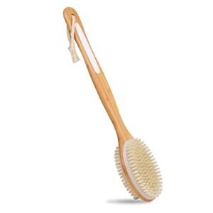 jekayla back scrubber for shower with long handle, body exfoliator, shower brush for wet or dry, back brush for men and women, exfoliating body with soft scrub and stiff bristles, white