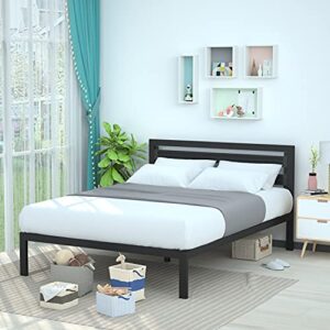 amazon basics metal bed with modern industrial design headboard - 14 inch height for under-bed storage - wood slats - easy assemble, queen, black