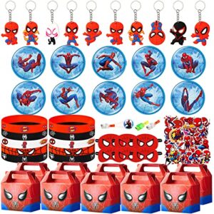 spider birthday party supplies,110pcs party favors,include 10 button pins,10 finger lights,10 keychain,10 spider masks,50 stickers and 10 gift boxes for kids,best for fill up the goodie bags for spider themed party
