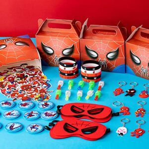 Spider Birthday Party Supplies,110Pcs Party Favors,Include 10 Button Pins,10 Finger Lights,10 Keychain,10 Spider Masks,50 Stickers and 10 Gift Boxes for Kids,Best For Fill Up the Goodie Bags for Spider Themed Party