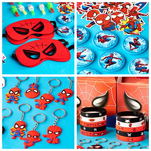 Spider Birthday Party Supplies,110Pcs Party Favors,Include 10 Button Pins,10 Finger Lights,10 Keychain,10 Spider Masks,50 Stickers and 10 Gift Boxes for Kids,Best For Fill Up the Goodie Bags for Spider Themed Party