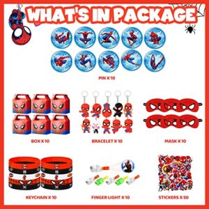 Spider Birthday Party Supplies,110Pcs Party Favors,Include 10 Button Pins,10 Finger Lights,10 Keychain,10 Spider Masks,50 Stickers and 10 Gift Boxes for Kids,Best For Fill Up the Goodie Bags for Spider Themed Party